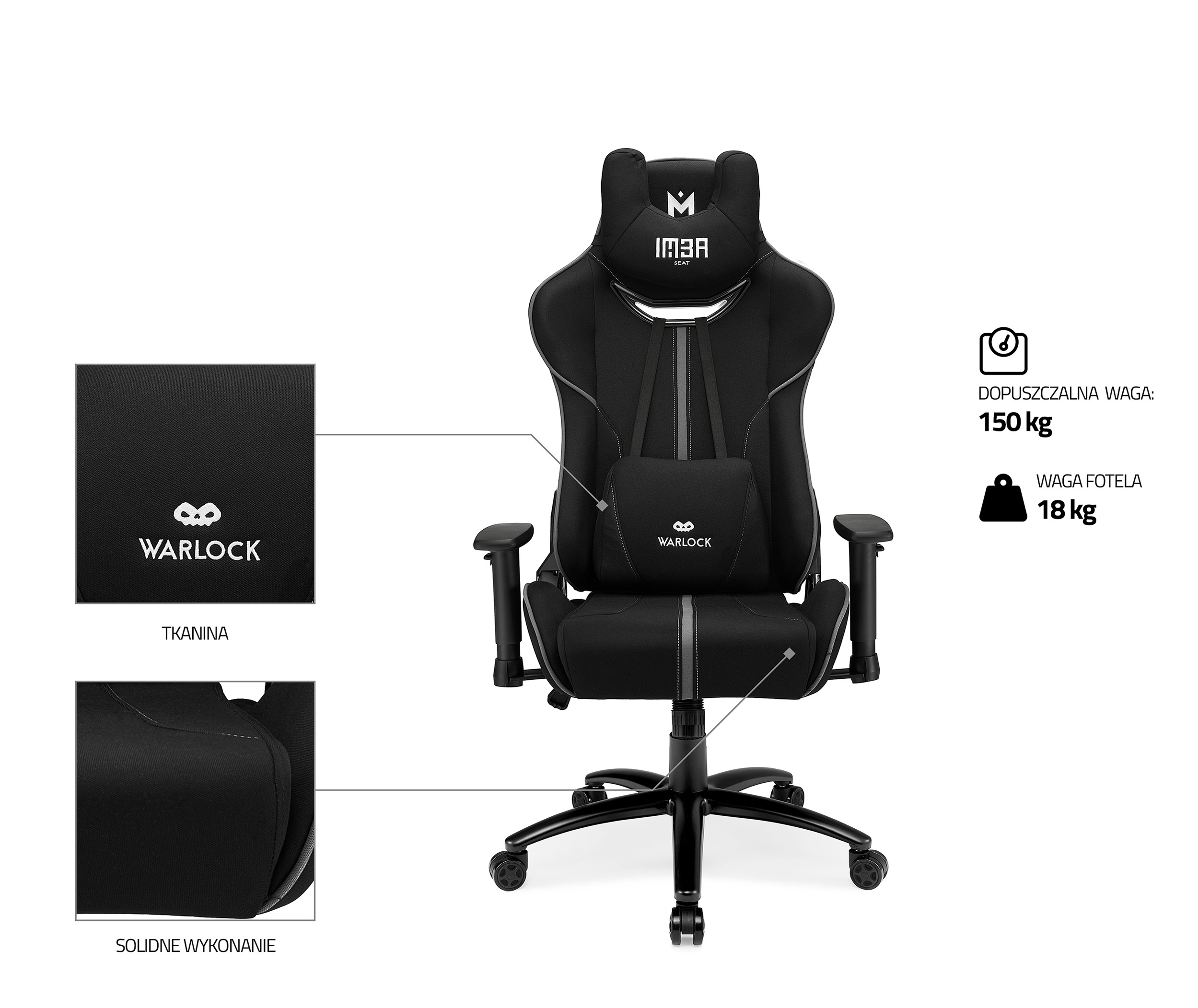 czarny materiałowy fotel gamingowy imba warlock przodem