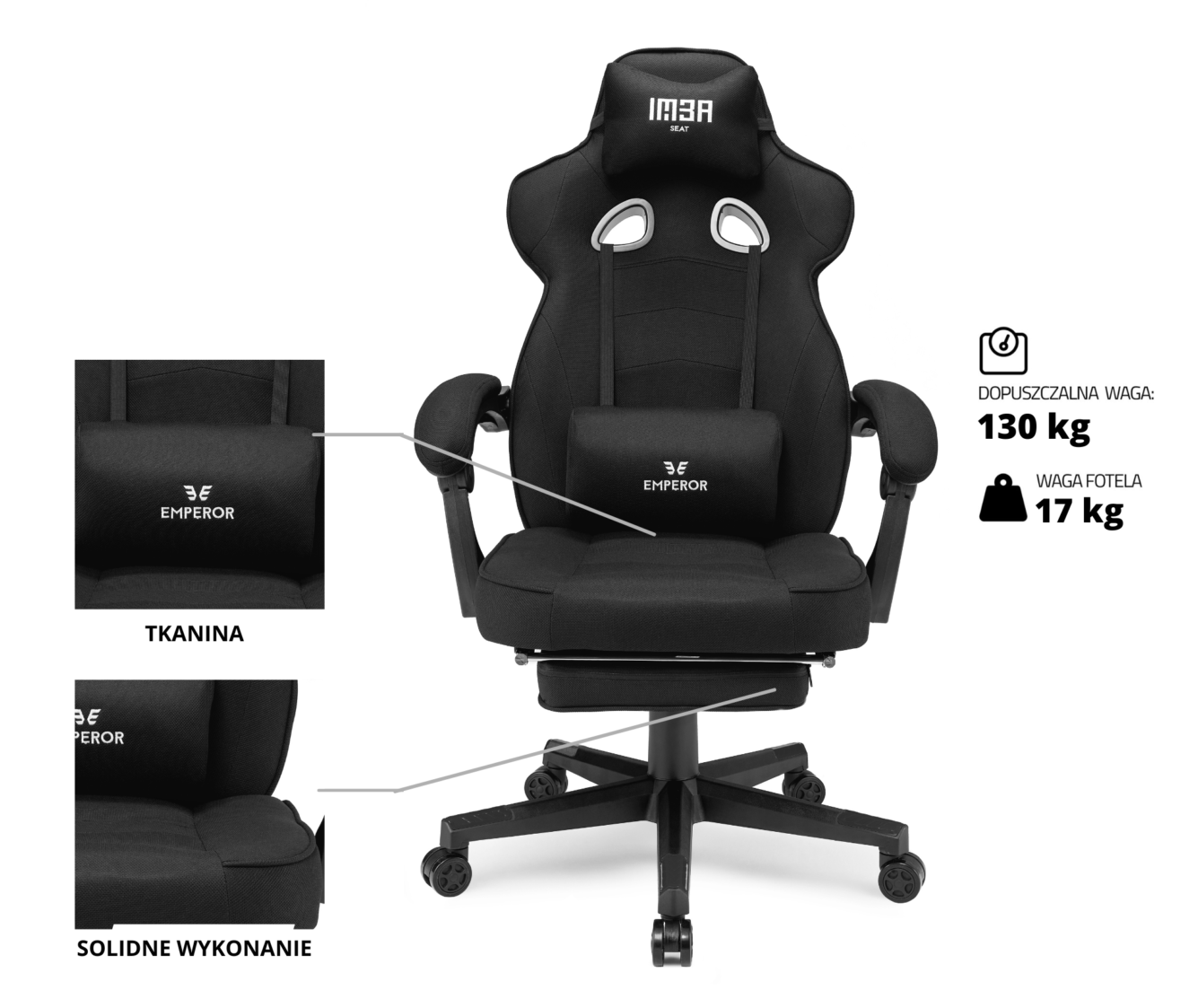 materiałowy czarny fotel gamingowy imba emperor przodem